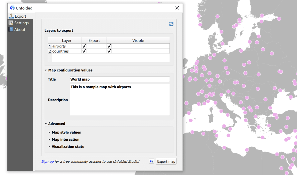 Normal view when exporting data from QGIS with the plugin. world sample